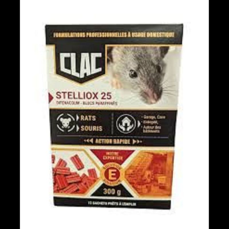 STELLIOX 25 - BLOCS PARAFFINÉS RATS-SOURIS - Difénacoum - 300g (Spécial lieux humides)